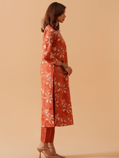 Dhiyona SN Women's Floral Printed Chanderi Cotton V-Neck Straight Kurta With Trousers