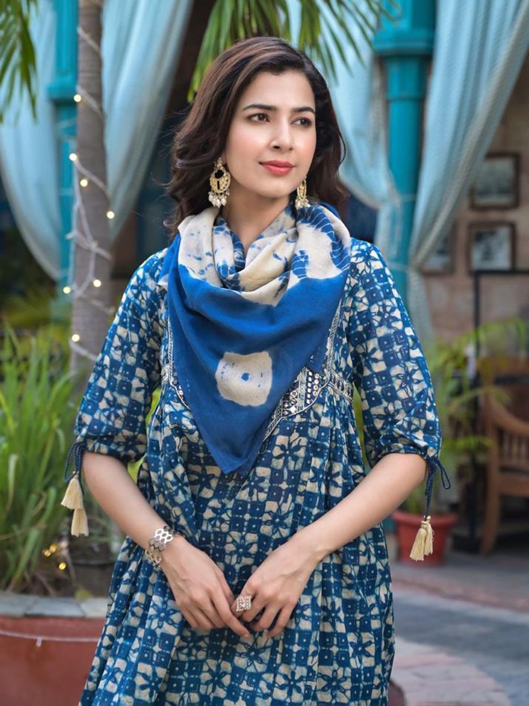 Dhiyona VA Women'sMirror Work Yoke Embroidered A-Line Kurta With Tonal Afghan Trouser & Dupatta