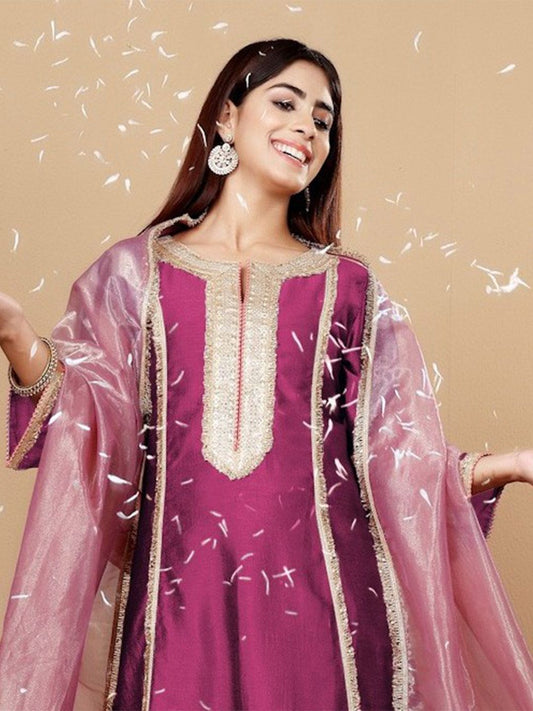 Dhiyona VA Women'sYoke Design Regular Sequinned Kurta with Trousers & With Dupatta