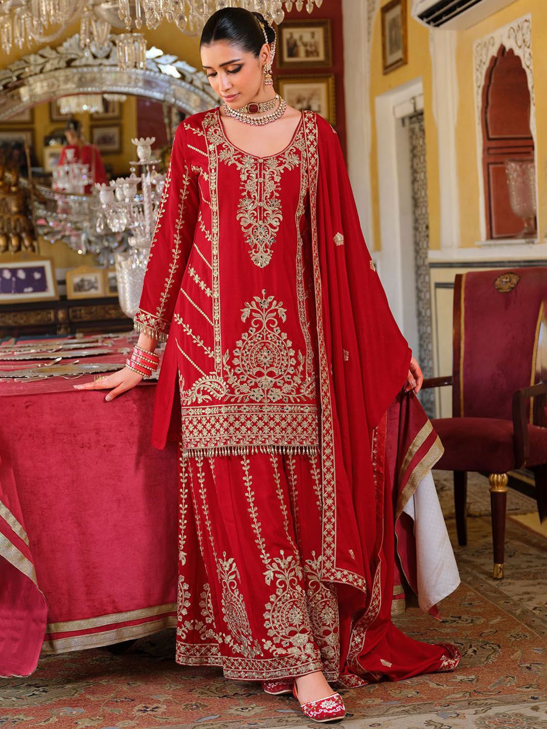 Adults-Women Woven Design Embroidered Kurta with Palazzos & Dupatta