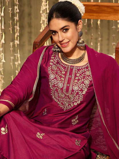Dhiyona IE Ethnic Motifs Embroidered Zari Straight Kurta With Trousers & Dupatta