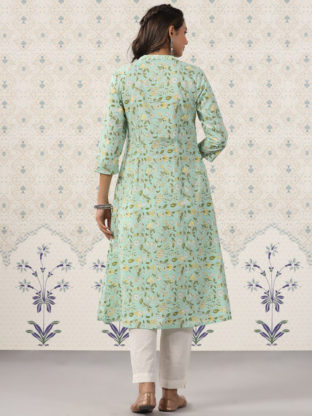 Dhiyona OD  Floral Printed Band Collar Pure Cotton Kurta