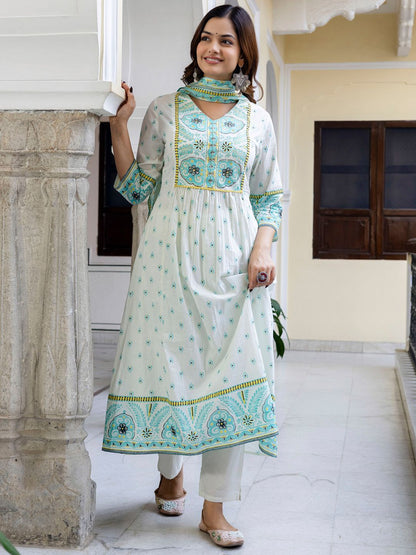 Dhiyona IE Floral Printed V-Neck Pleated Pure Cotton A-Line Kurta With Trouser And Dupatta