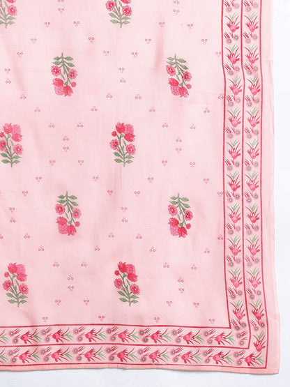 Floral Printed Beads & Stones Pure Cotton Kurta With Trousers & Dupatta