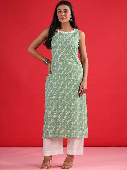 Dhiyona IE Geometric Printed Round Neck Sleeveless Gotta Patti Cotton Straight Kurta