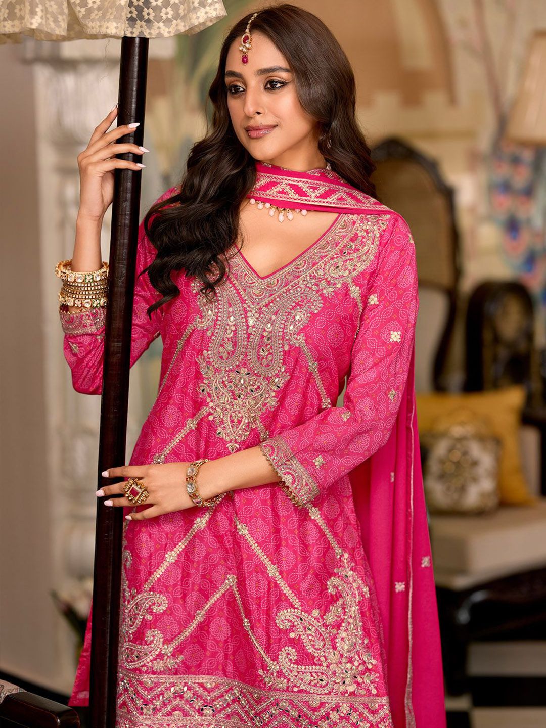 Dhiyona IE Paisley Embroidered Sequinned Chinon Straight Kurta With Palazzos & Dupatta