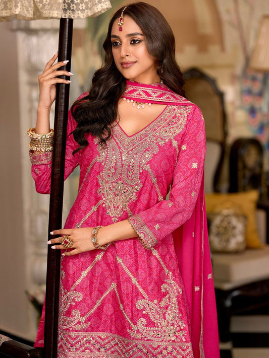 Paisley Embroidered Sequinned Chinon Straight Kurta With Palazzos & Dupatta