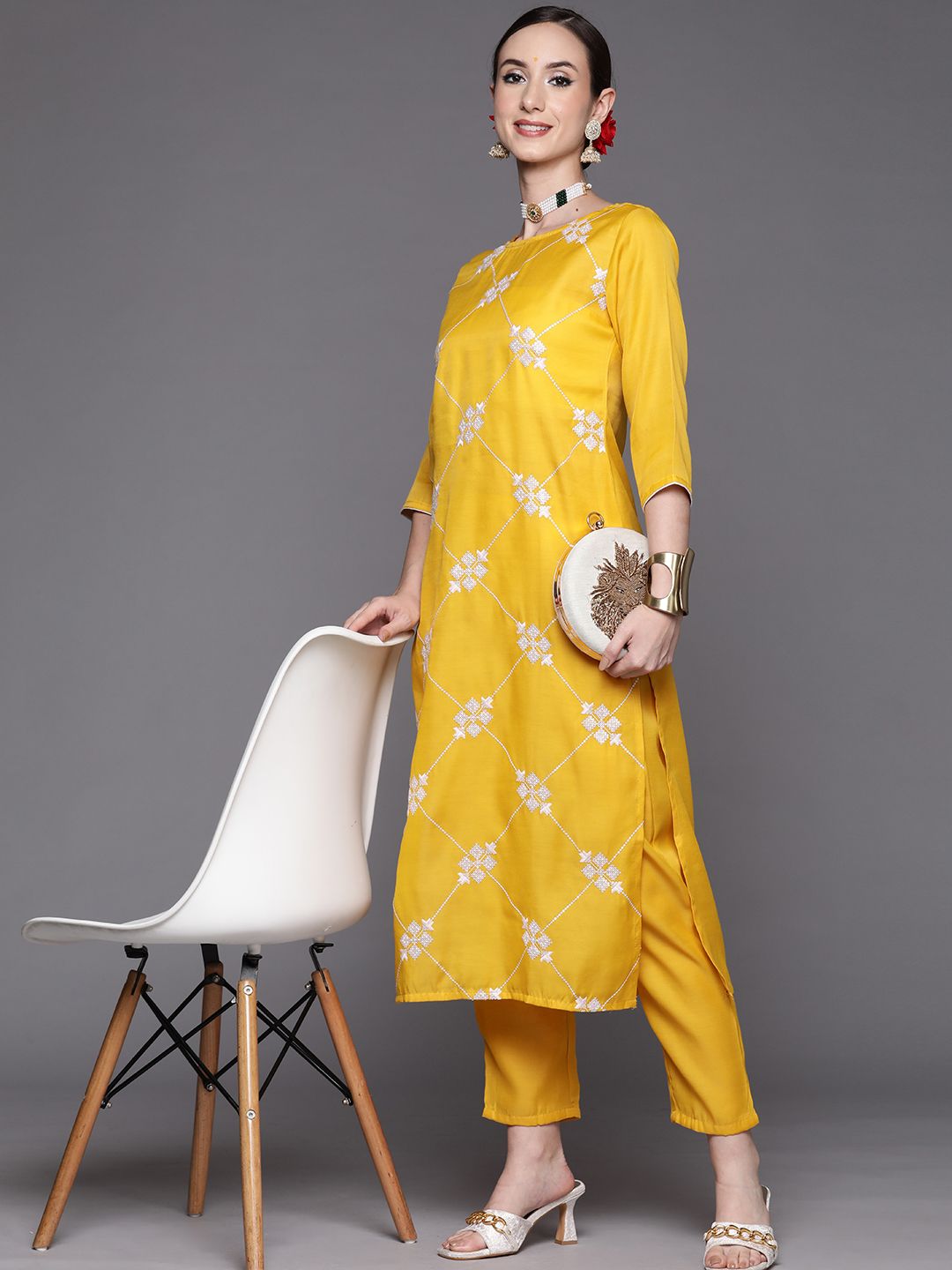 Women Mustard Yellow & White Embroidered Sequinned Kurta with Trousers