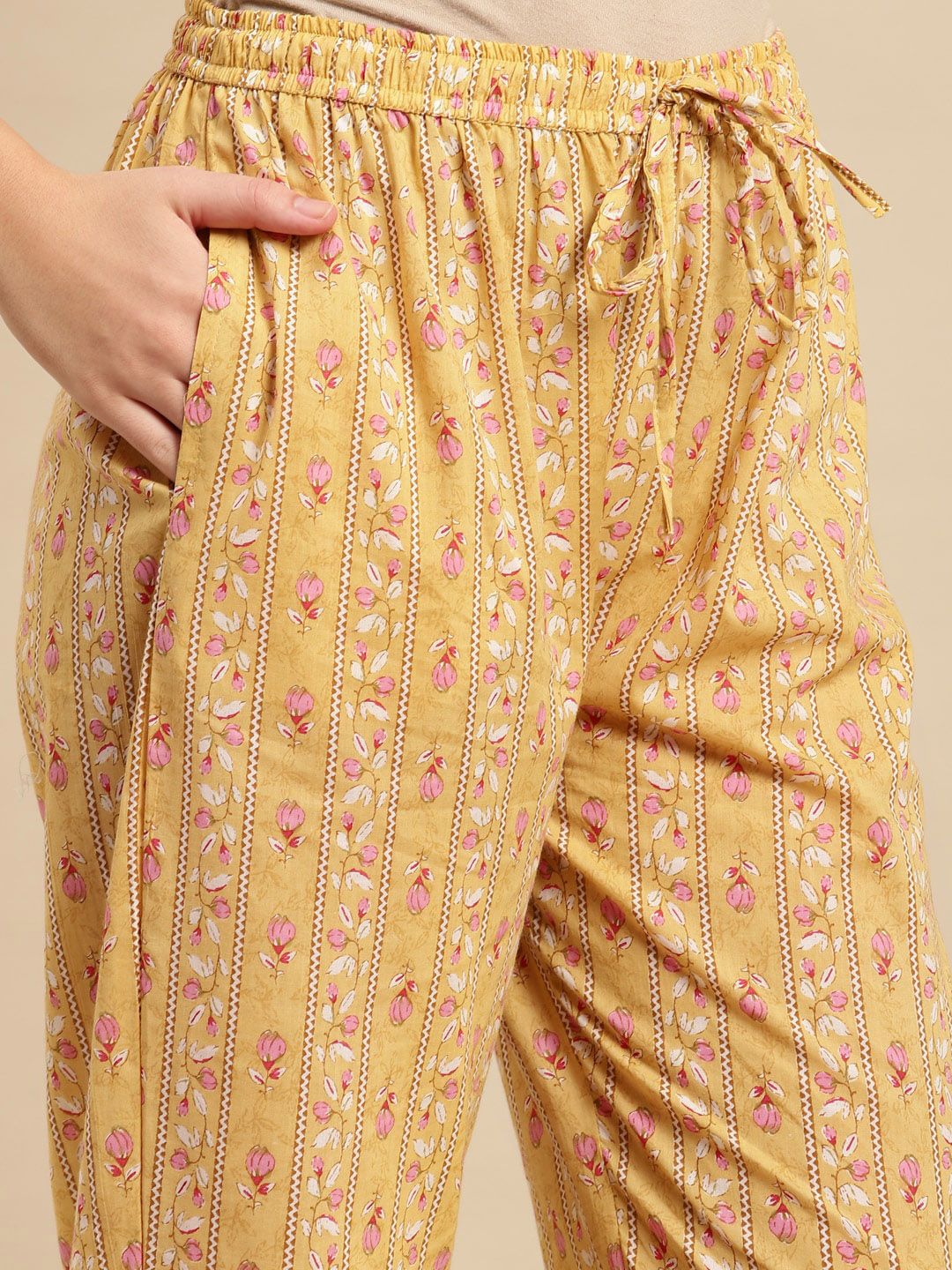 Dhiyona SN Women's Yellow & Pink Floral Printed Pure-Cotton Straight Kurta With Trouser & Dupatta