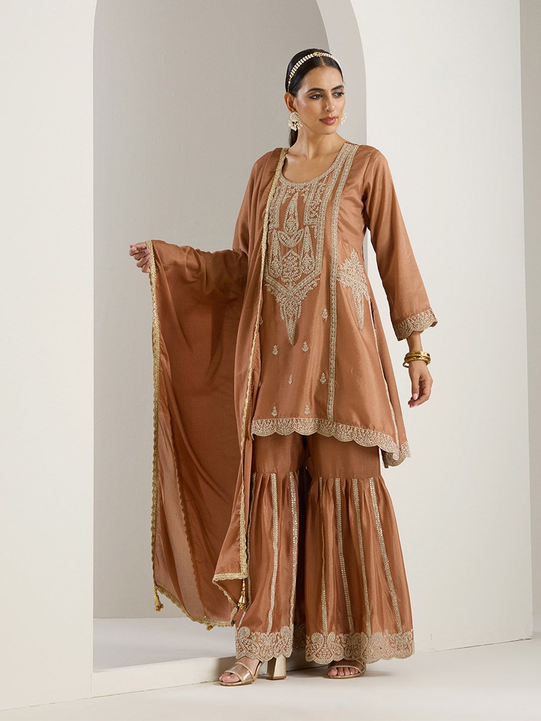 Dhiyona IS Women's Ethnic Motifs Embroidered Regular Thread Work Straight Kurta with Sharara & Dupatta