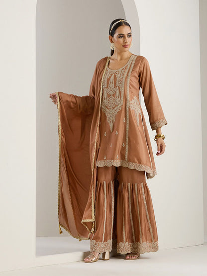 Dhiyona IS Women's Ethnic Motifs Embroidered Regular Thread Work Straight Kurta with Sharara & Dupatta