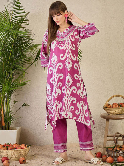 Adults-Women Ethnic Motifs Printed Cotton A-Line Kurta with Trousers