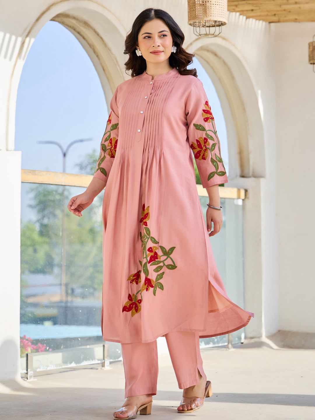 Women Floral Embroidered Thread Work Pure Cotton A-Line Kurta with Trousers