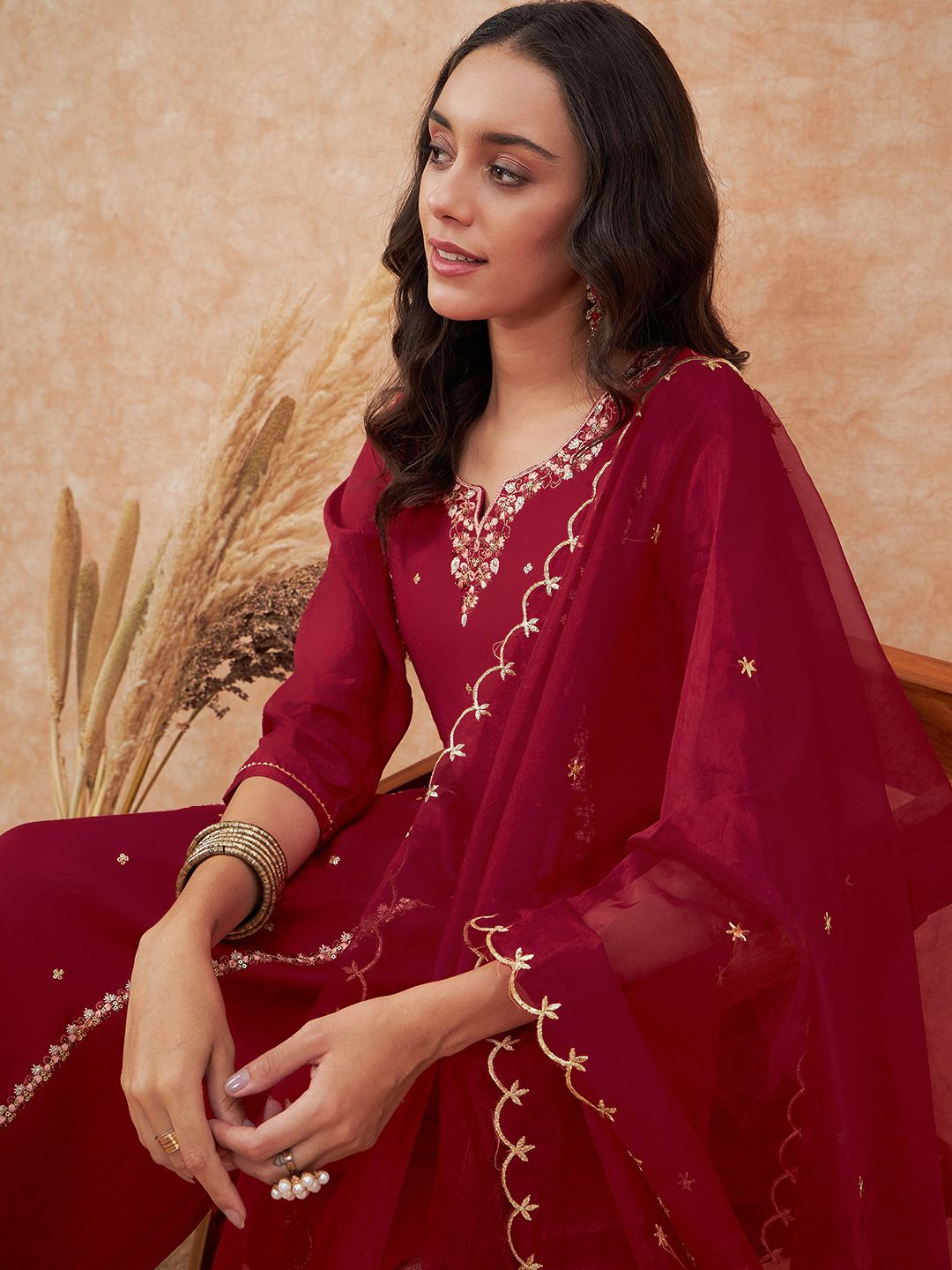 Dhiyona SN Women's Maroon Floral Embroidered Straight Kurta With Trousers & Dupatta