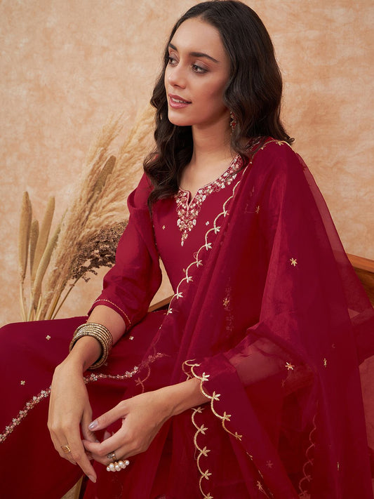 Dhiyona SN Women's Maroon Floral Embroidered Straight Kurta With Trousers & Dupatta