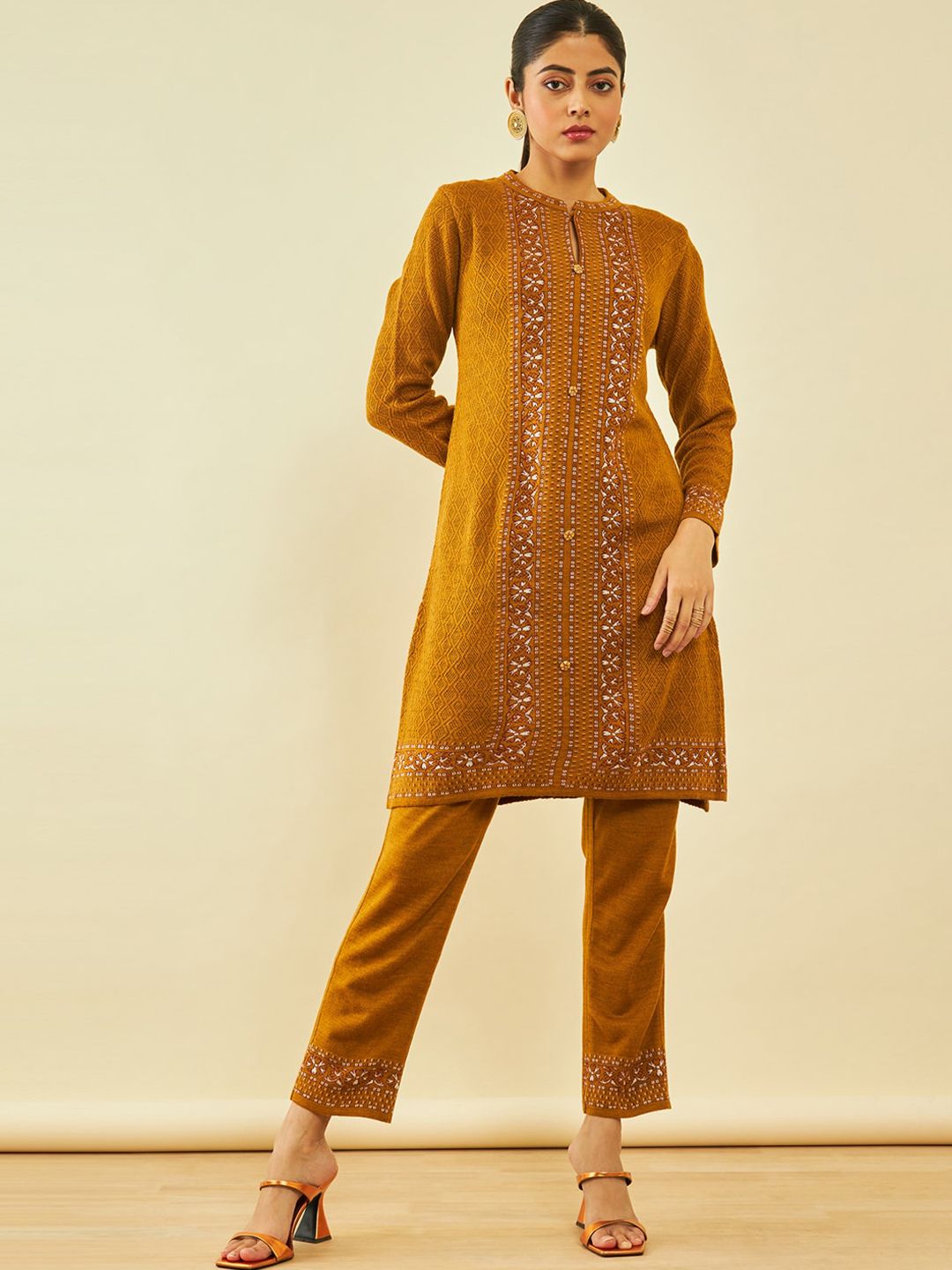 Dhiyona SO Women's Mustard Yellow Self Design Regular Straight Kurta with Trousers