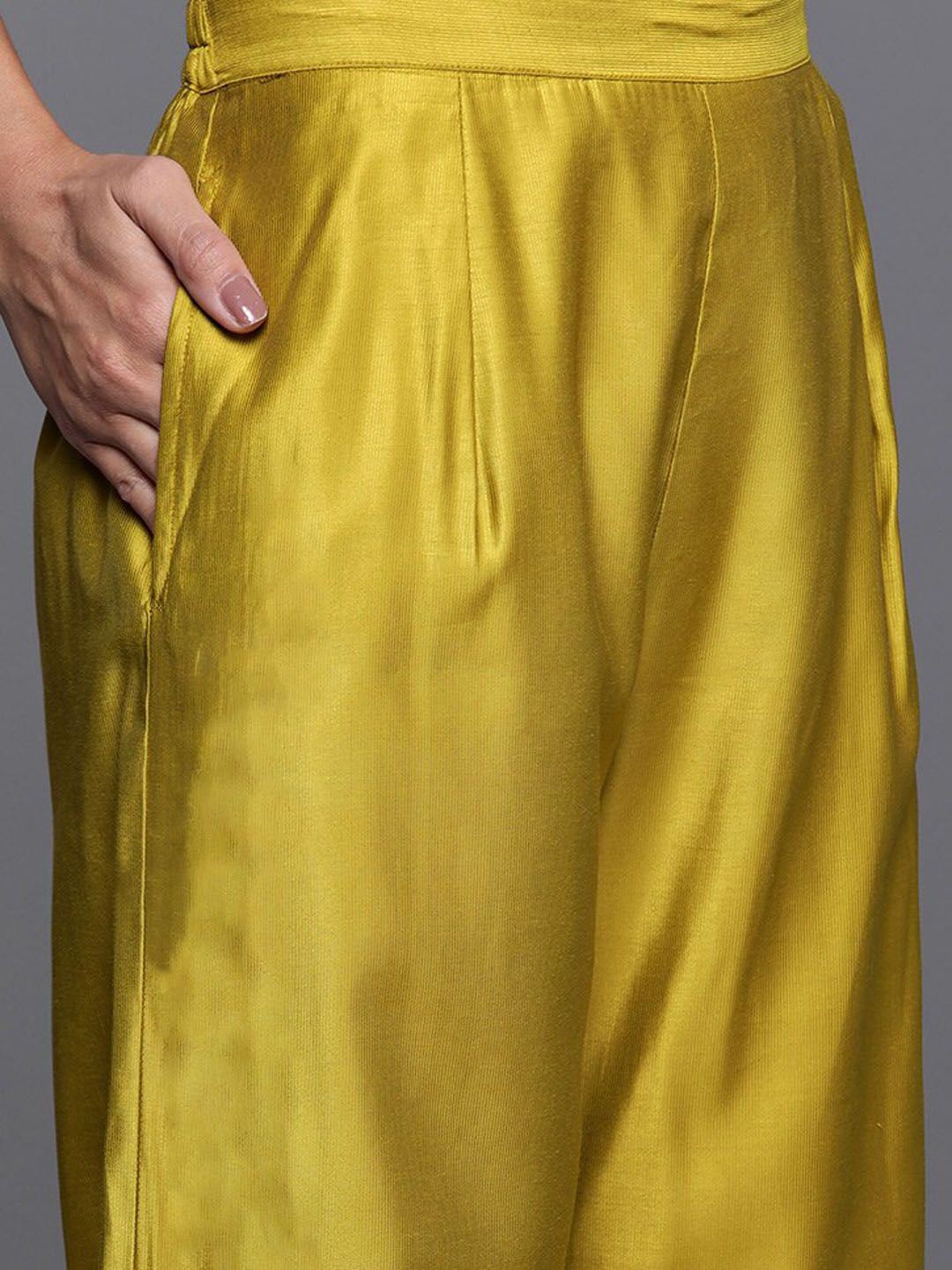 Dhiyona IE Mustard Yellow & Maroon Yoke Design Liva Kurta with Trousers & Dupatta