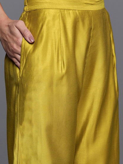 Dhiyona IE Mustard Yellow & Maroon Yoke Design Liva Kurta with Trousers & Dupatta