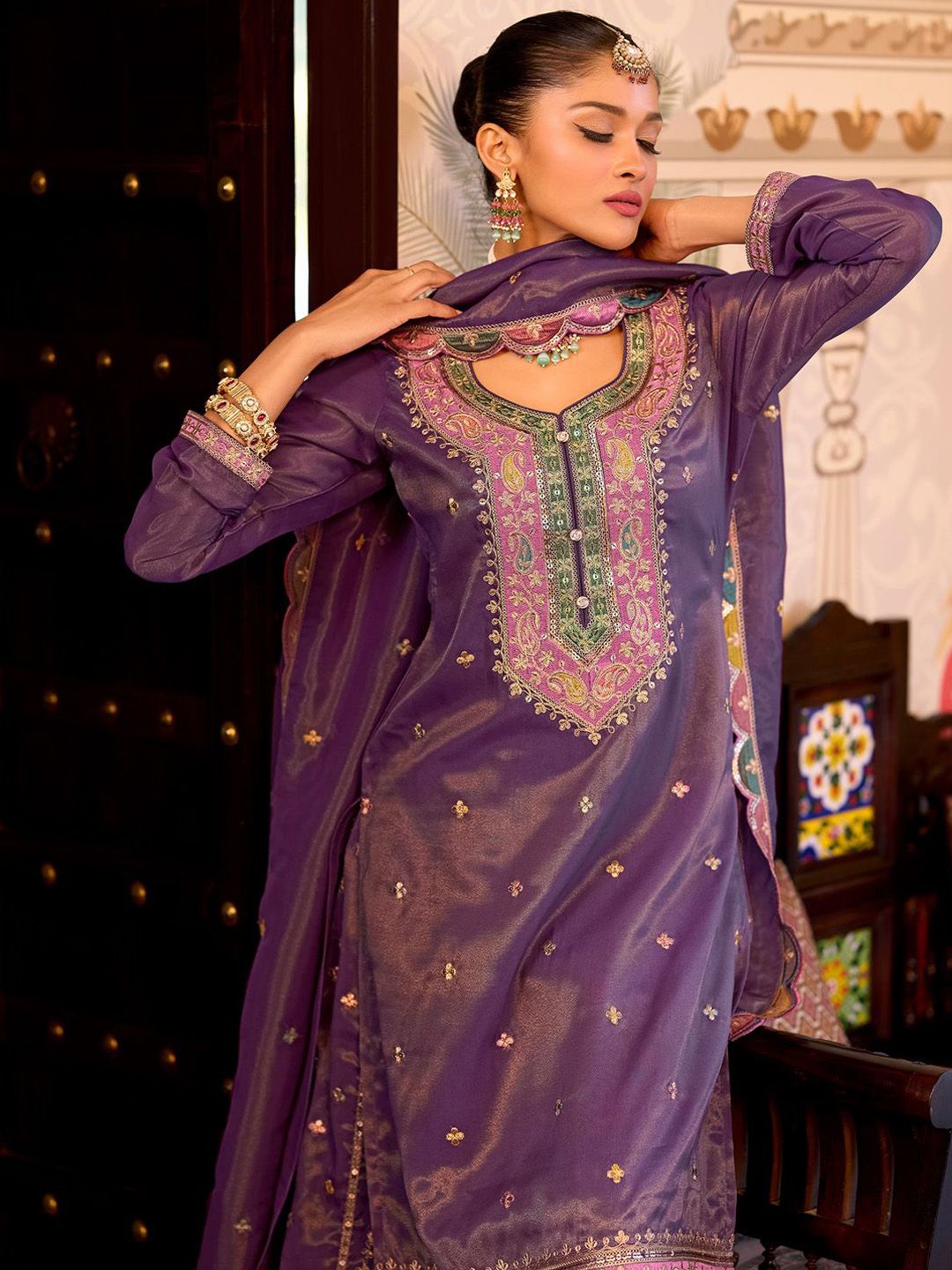 Floral Embroidered Sequinned Straight Kurta With Palazzos & Dupatta