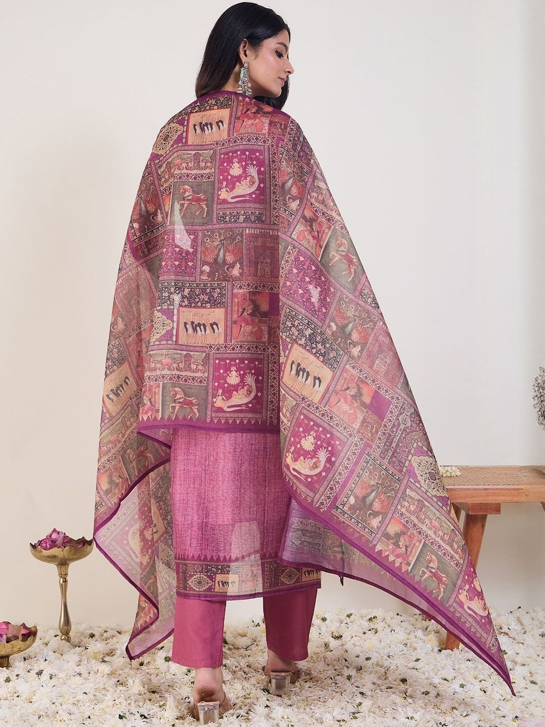 Ethnic Motifs Embroidered Chanderi Cotton Kurta With Trousers & Dupatta