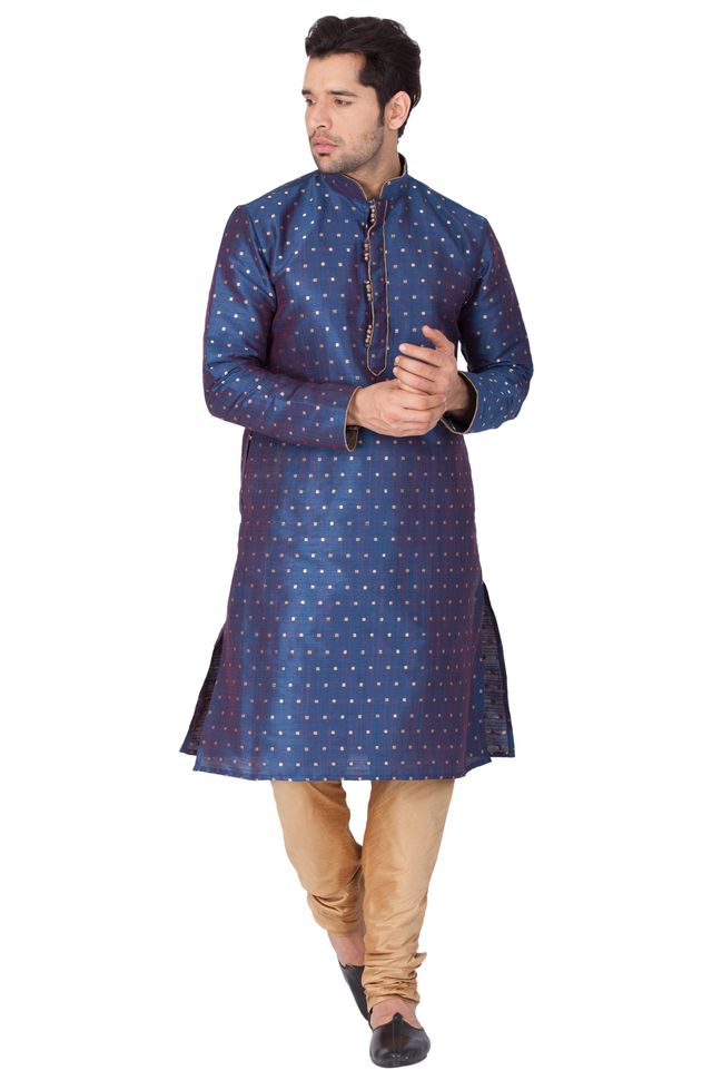 Men's Blue Silk Blend Straight Kurta Pyjama Set