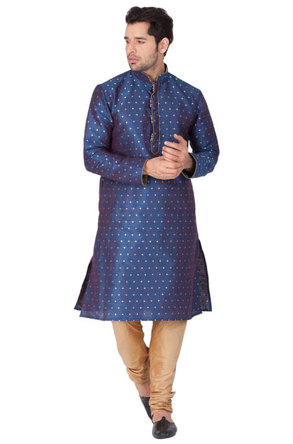 Men's Blue Silk Blend Straight Kurta Pyjama Set