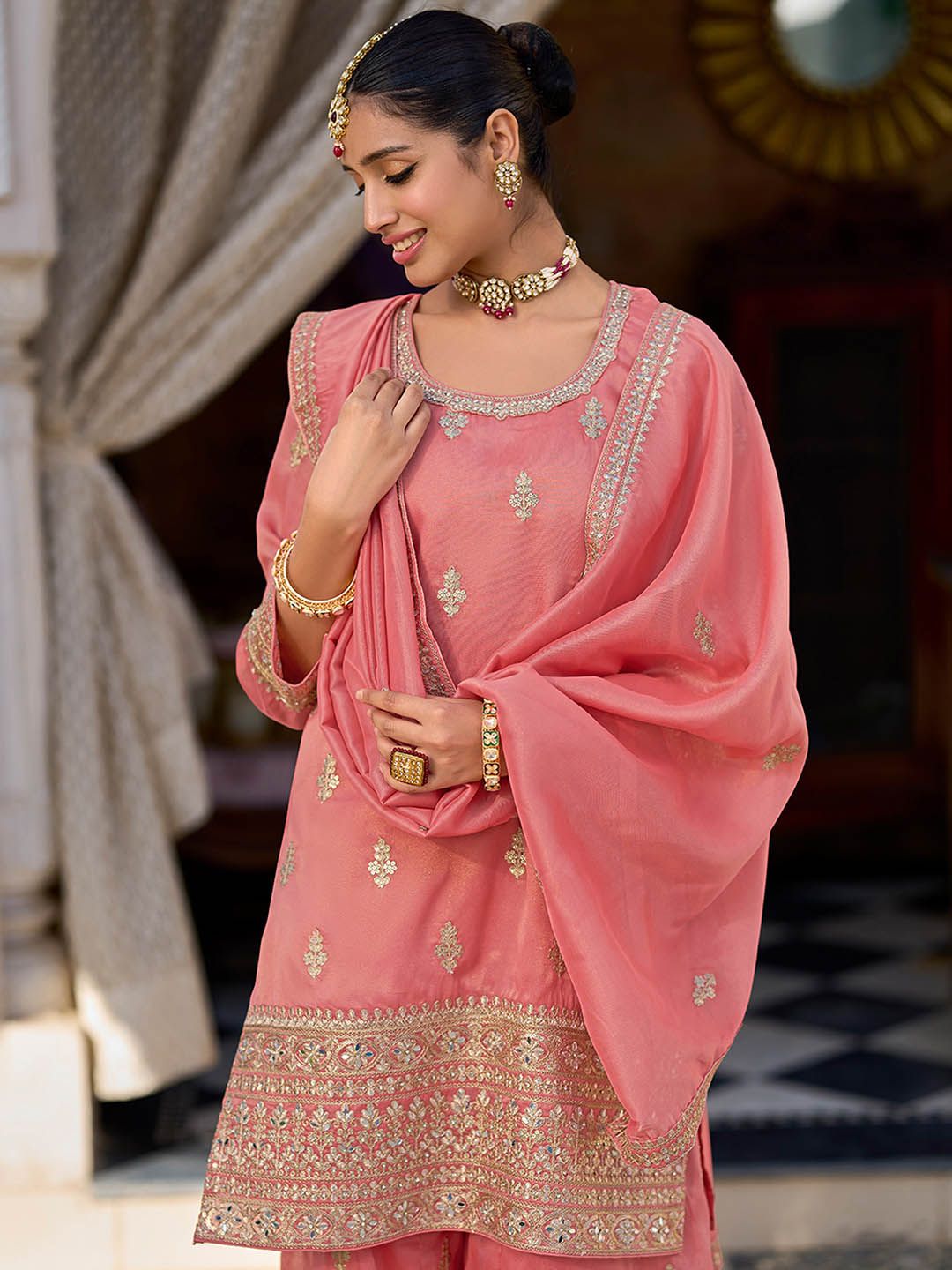 Women Floral Embroidered Kurti with Palazzo & Dupatta