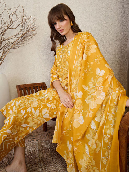 Dhiyona IE Floral Printed Thread Work Straight Kurta With Trouser & Dupatta