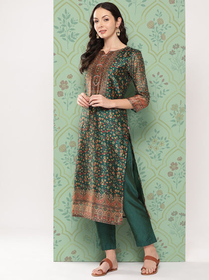 Dhiyona VA Women's Ethnic Motifs Printed Regular Chanderi Cotton Kurta with Trousers & Dupatta