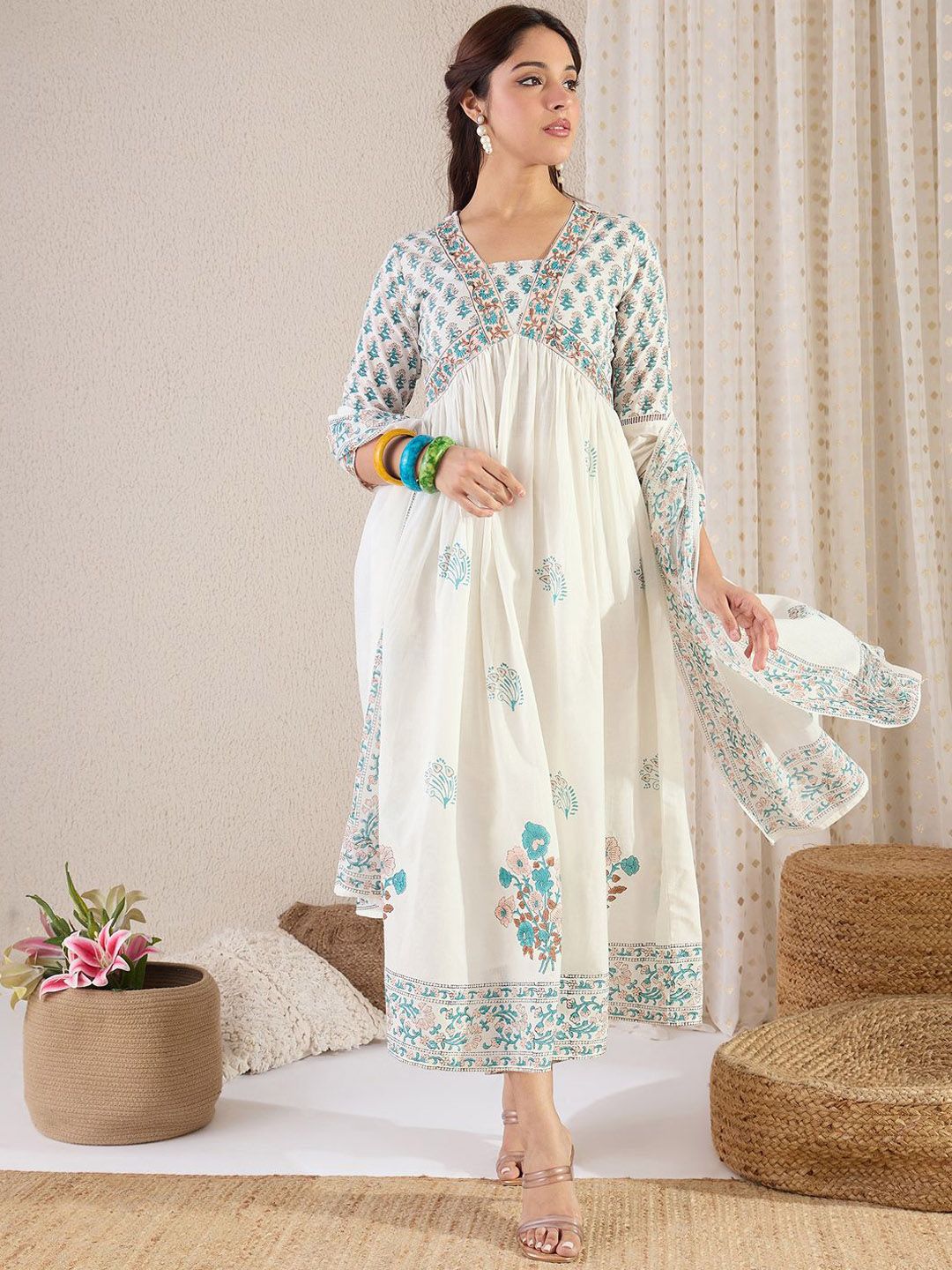 Dhiyona IE Floral Printed V Neck Empire A Line Pure Cotton Kurta With Trousers & Dupatta