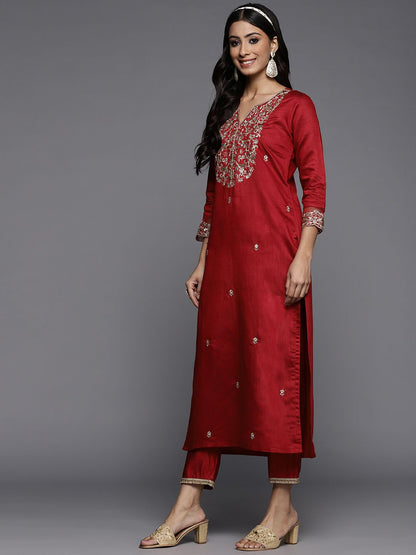 Dhiyona IE Women Red Ethnic Motifs Embroidered Sequinned Liva Kurta with Trousers & Dupatta