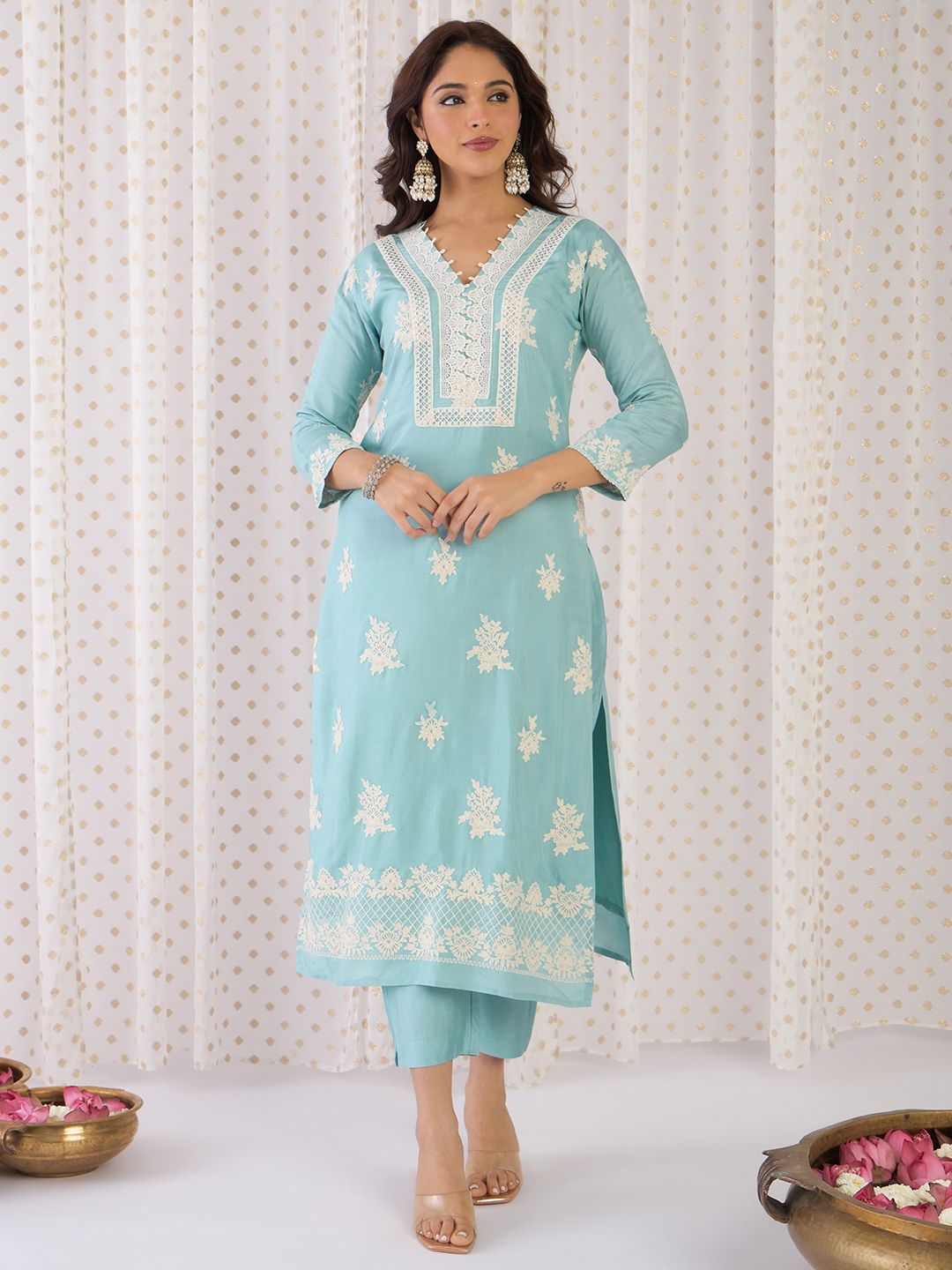 Floral Embroidered V-Neck Sequinned Straight Kurta With Trousers & Dupatta