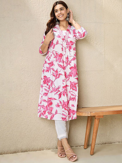 Dhiyona IE Floral Printed V Neck Panelled A-Line Kurta