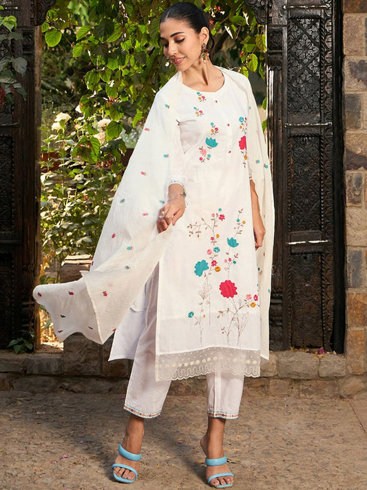 Dhiyona IE Floral Embroidered Pure Cotton Straight Kurta With Trousers & Dupatta