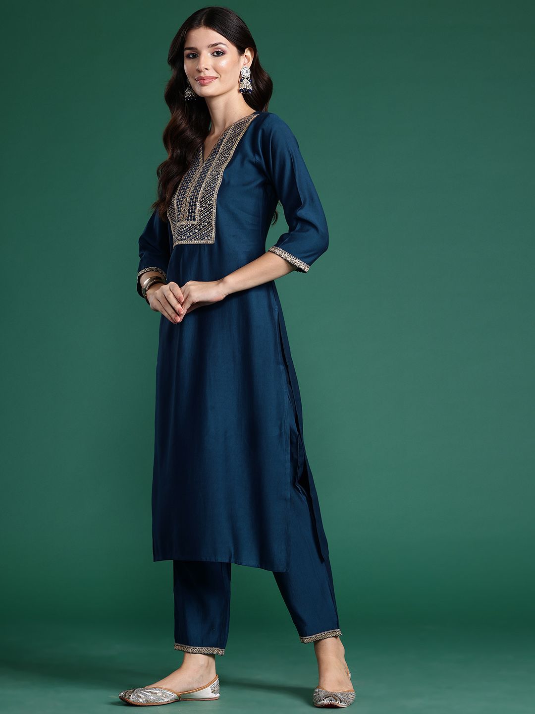 Ethnic Motifs Embroidered Sequinned Liva Kurta With Trousers & Dupatta