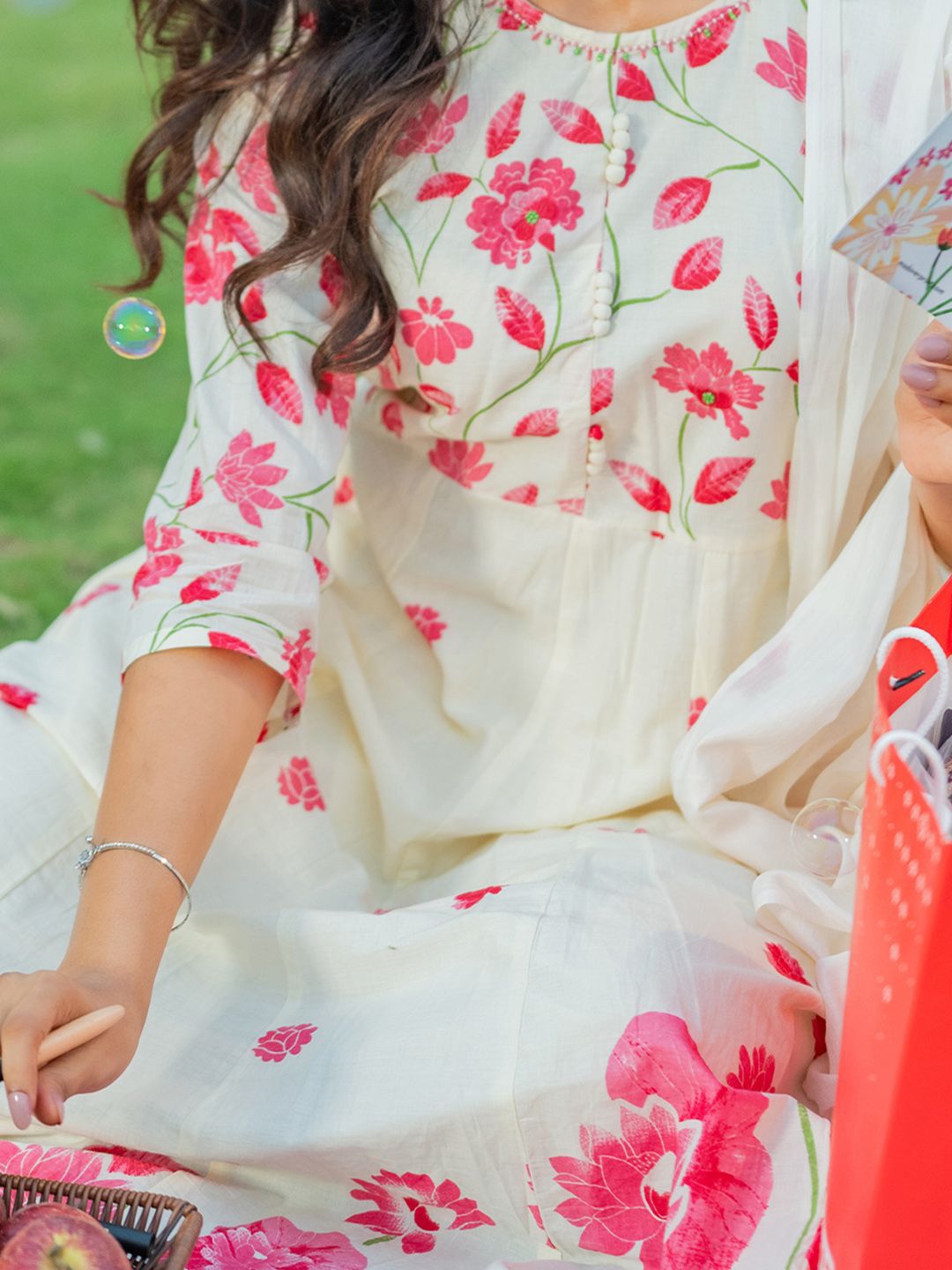 Floral Printed Pure Cotton Anarkali Kurta With Trousers & Dupatta