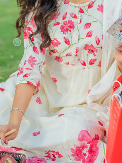 Floral Printed Pure Cotton Anarkali Kurta With Trousers & Dupatta
