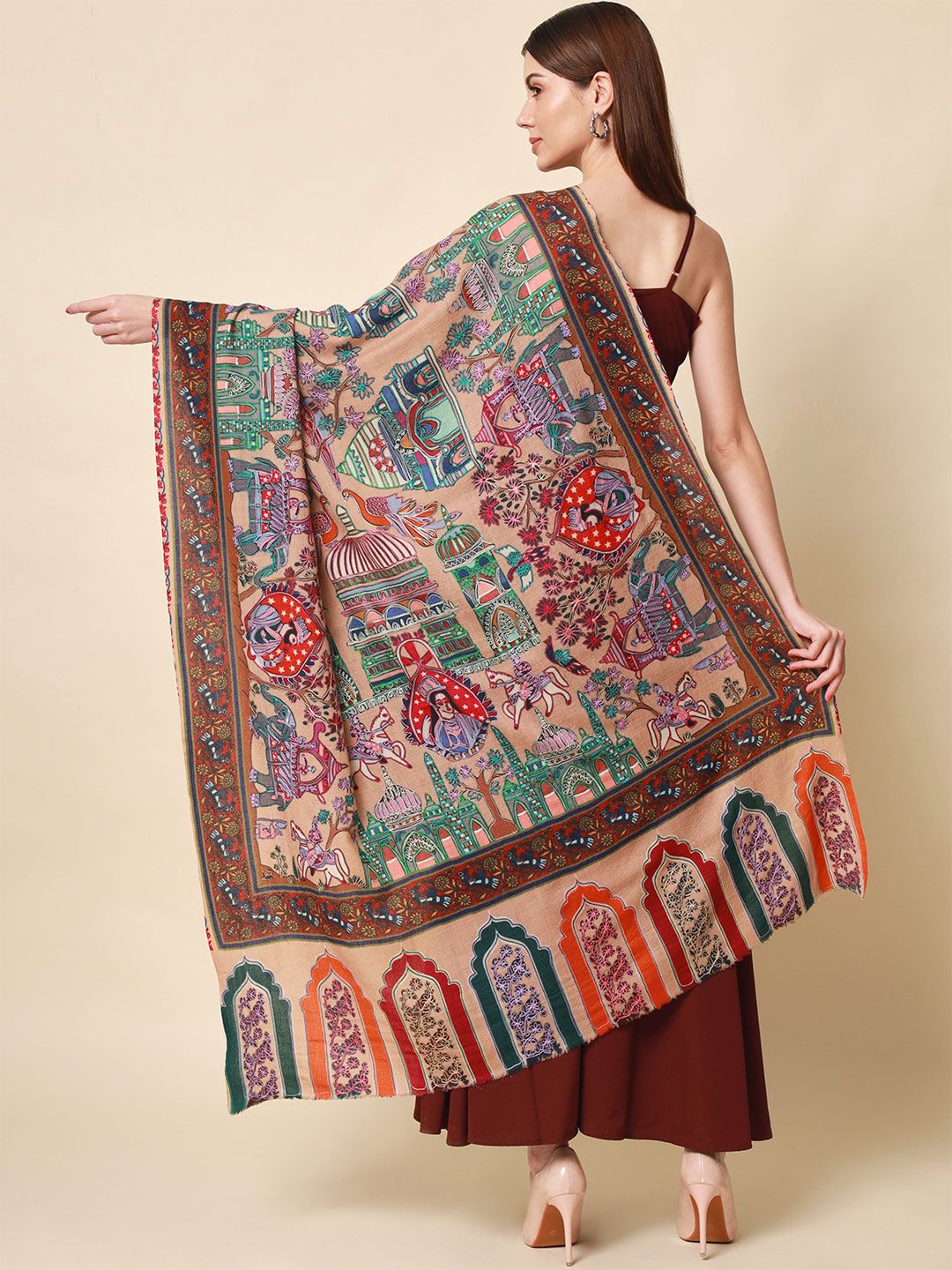 Dhiyona PA Women Beige Embroidered Pure Wool Shawl