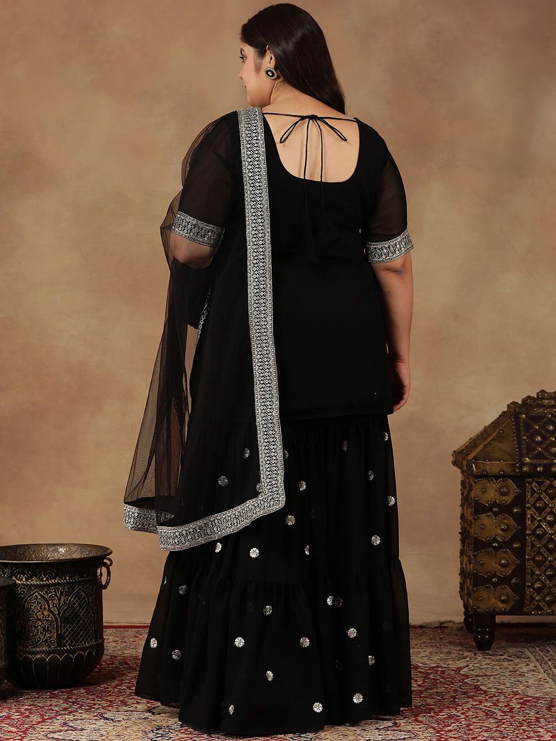 Dhiyona IN Size Floral Embroidered Thread Work Straight Kurta With Sharara & Dupatta