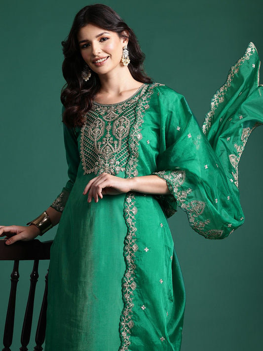 Dhiyona IE Ethnic Motifs Zari Embroidered Kurta with Trousers & With Dupatta