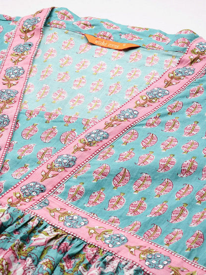 Dhiyona IE Women Floral Printed Empire Sequinned Pure Cotton Kurta With Trousers & Dupatta