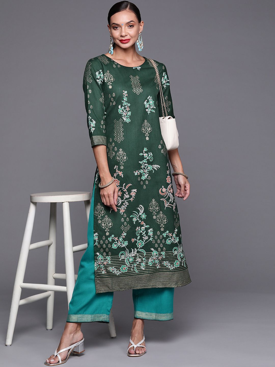 Women Green Ethnic Motifs Printed Kurta with Palazzos