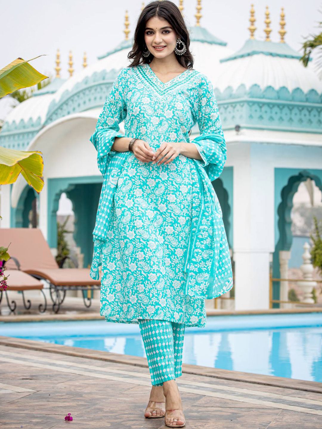 Dhiyona VA Women'sEthnic Motifs Printed Regular Mirror Work Kurta with Trouser & Dupatta