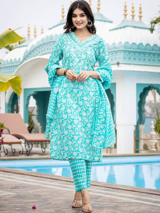 Dhiyona VA Women'sEthnic Motifs Printed Regular Mirror Work Kurta with Trouser & Dupatta