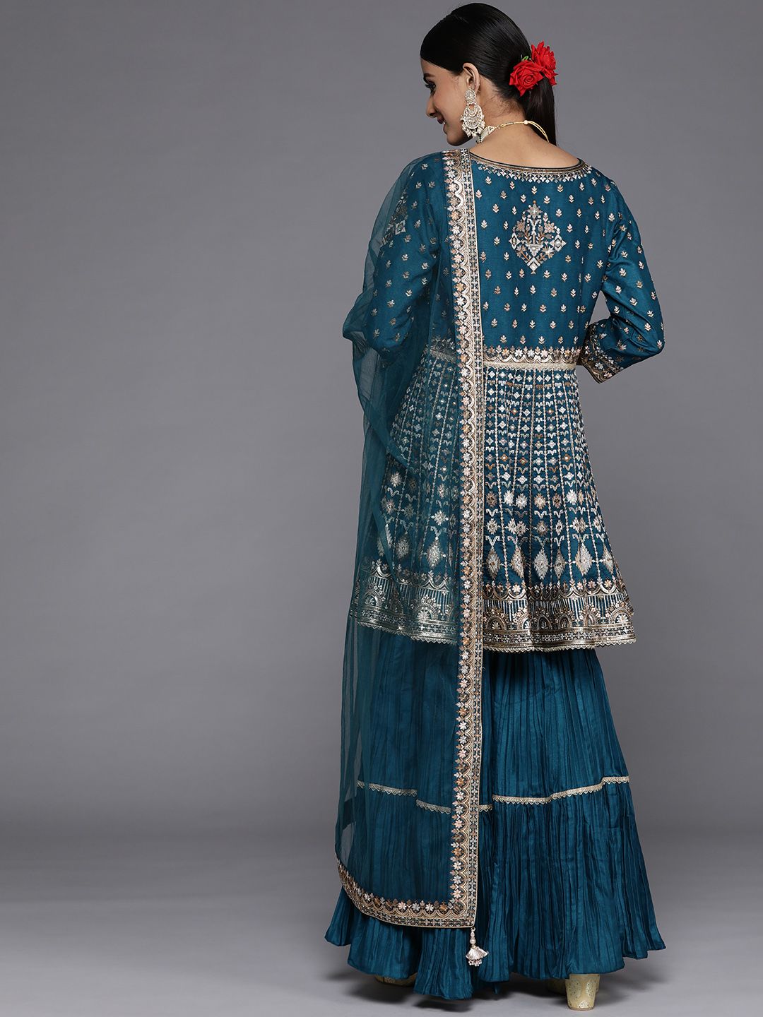 Dhiyona LL Libas Womens Blue Embroidered Silk Anarkali Kurti With Sharara & Dupatta