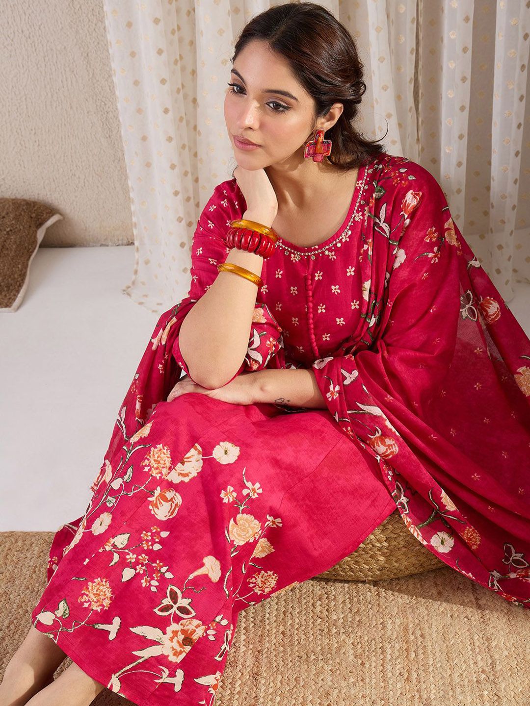 Floral Printed Pure Cotton A-Line Kurta With Trousers & Dupatta