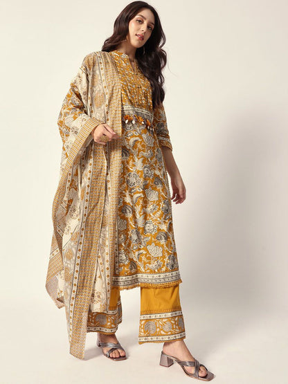 Dhiyona IS Women's Women Floral Printed Regular Pure Cotton Kurta with Trousers & With Dupatta