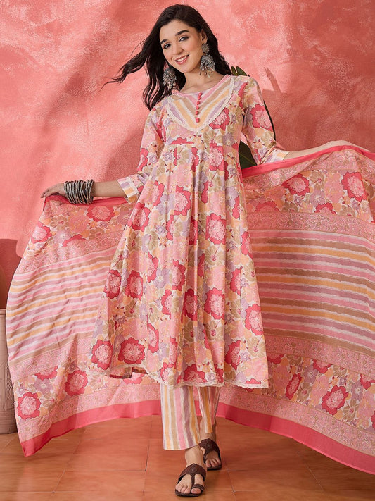 Dhiyona SN Women's Floral Printed Pure Cotton Round Neck Kurta Trouser With Dupatta Set