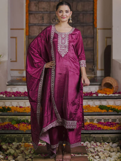Women Embroidered Regular Sequinned Kurta with Trousers & With Dupatta