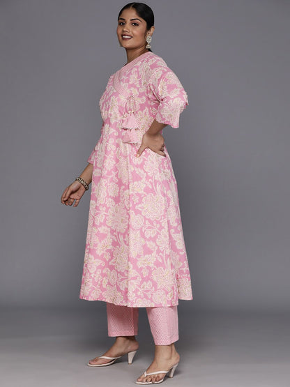 Dhiyona VA Women'sPlus Size Floral Printed Angrakha Gotta Patti Pure Cotton Kurta with Trousers